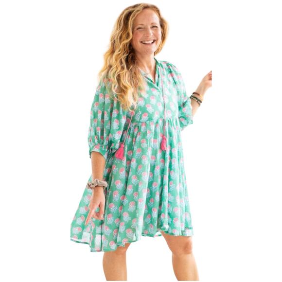 Ella Gray CottageCore Dress Pink Floral on Emarald Green 3/4 Balloon Sleeve XXL - Picture 1 of 11